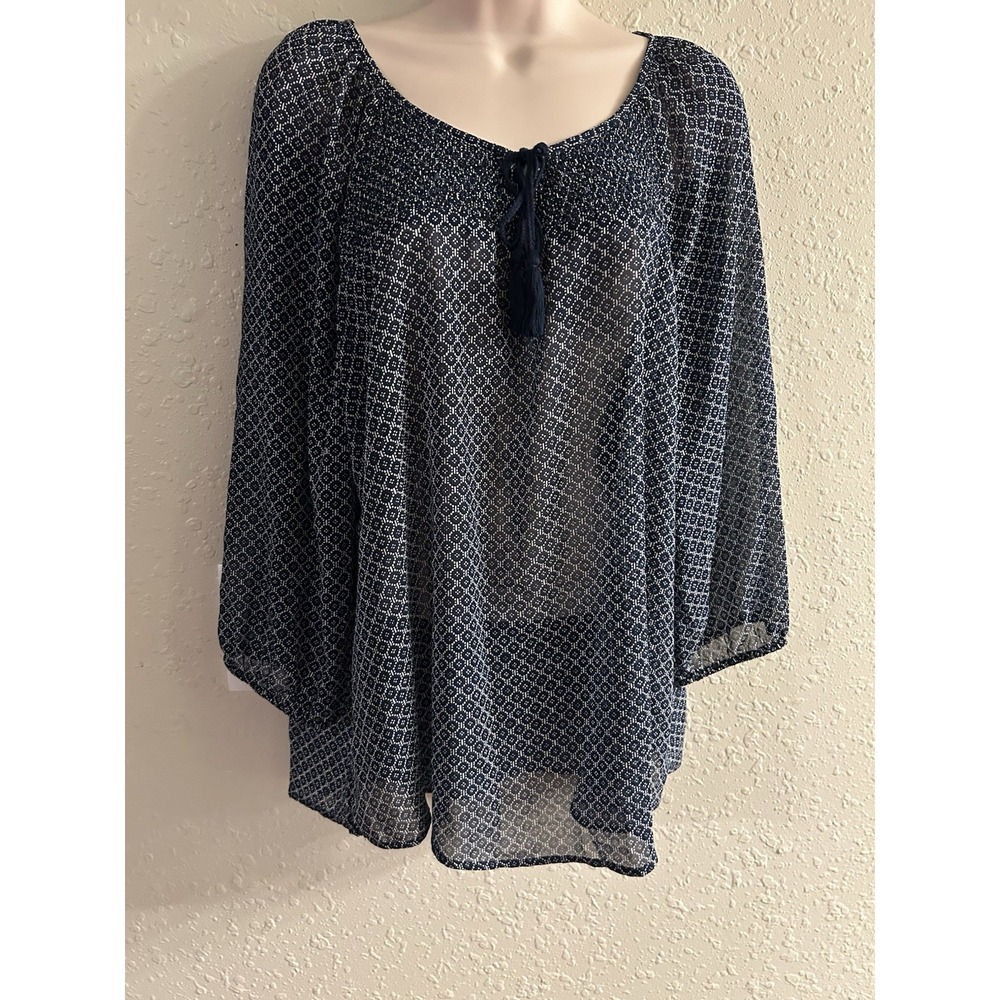 New XL Sonoma Life Style Navy/White Front Tie Top #294*8